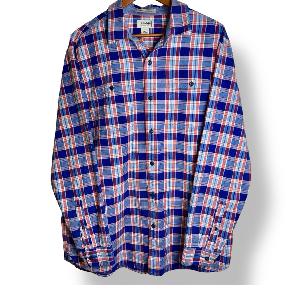 L.L.Bean Men's Large Scotch Plaid 100% Cotton Button Up Shirt Blue Orange White - Picture 2 of 8